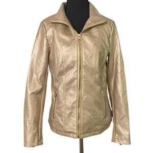 Marc New York Andrew Marc Gold Metallic Faux Leather Moto Jacket XS Stretch Glam